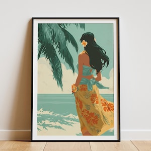 Hawaii Hula Dancer Art Print Vintage Travel Poster Tropical Ocean Beach Decor Wall Art for Island Life MidCentury Style Home image 1