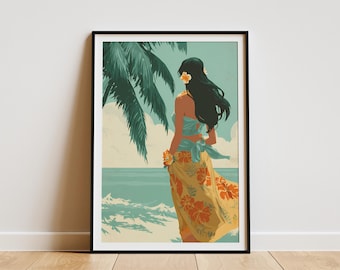 Hawaii Hula Tänzer Kunstdruck Vintage Reise Poster Tropisches Meer Strand Dekor Wandkunst für das Inselleben MidCentury Style Home