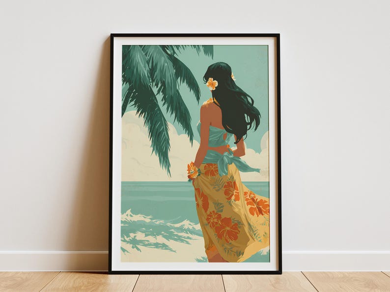 Hawaii Hula Dancer Art Print Vintage Travel Poster Tropical Ocean Beach Decor Wall Art for Island Life MidCentury Style Home image 1