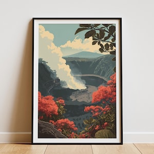Könnte beinhalten: Gerahmter Kunstdruck mit einer stilisierten Landschaft eines Vulkankraters. Das Kunstwerk zeigt eine lebendige Szene mit roten Blütenpflanzen, üppigem grünen Laub und einer großen weißen Rauchfahne, die aus dem Krater aufsteigt. Der Himmel ist hellblau.