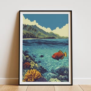 Hawaiiansk Humuhumunukunukuapua Reef Triggerfish Konsttryck Tropisk ö Korallrev Havsstrand Väggkonst Vintage Hawaii Reseaffisch