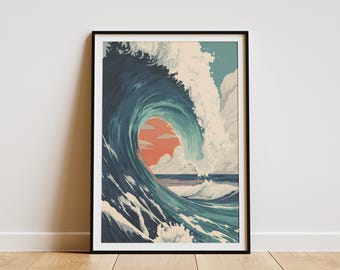 Hawaii Big Wave Art Print Ocean Poster Minimalist Wall Decor Large Crashing Wave Surf Art Beach House Decor Hawaiian Ocean Print