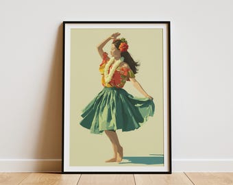 Hawaiian Hula Dancer Art Print Tropical Island Decor Vintage Style Wall Art Polynesian Dance Poster Cultural Artwork for Home Decor