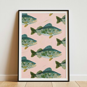 Kunstprint met snoekbaarspatroon in impasto-stijl, wanddecoratie met realistische onderwater- en natuurvis.