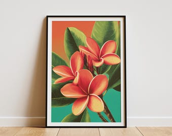 May include: Framed art print featuring vibrant orange and yellow plumeria flowers with green leaves against a gradient background of orange and teal. The floral artwork is in a black frame, suitable for home decor.