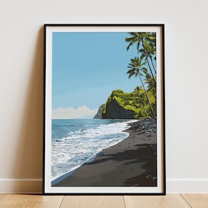 May include: A framed art print depicting a tropical beach scene. The artwork features a black sand beach, turquoise ocean waves, and a lush green cliffside under a clear blue sky. Palm trees are visible on the right side of the image.
