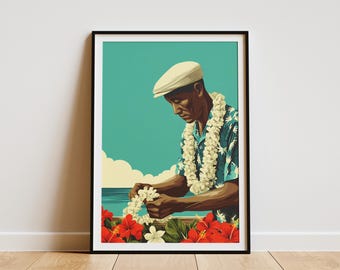 Pôster de viagem vintage com arte de um artesão havaiano fazendo um lei (lei havaiano), decoração de ilha tropical, homem fazendo guirlanda de flores, arte de parede para casa de praia no Havaí.