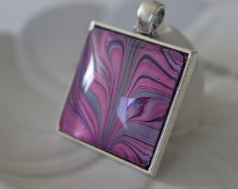 pink & purple square pendant, wearable art necklace, handmade acrylic pour pendant, artistic jewelry