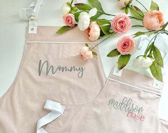 Mommy & Me Personalized Matching Aprons, Blush pink, Embroider, Toddler, Women, Family, Kids, Girls, Boys, Kitchen, Garden, Mothers Day Gift