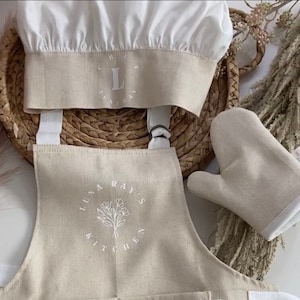 Kids Personalized Kitchen Apron & Chef Hat Set, Simple, Farmhouse, Girls, Cooking, Play, Toddler, Tween, Teen, Custom Gift