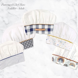 May include: White chef hats with patterned bands in various designs, including blue gingham, black and white checkered, blue stripes, colorful confetti, and rainbow patterns. The text "Patterned Chef Hats Toddler-Adult" is at the top.