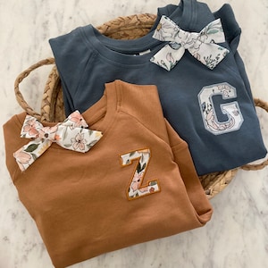 Kids Floral Monogram Crewneck Sweatshirt, Lightweight, Initial, Name, Varsity Letter, Embroider, Toddler, Flower Girl gift, wedding, school