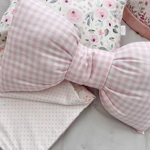 Personalized Bow Pillow for Girls Room, Pink Gingham, Red Velvet, Embroidered Name, Kids, home decor, cushion, bedding, nursery, holiday
