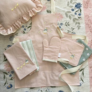 Kids Embroidered Duck Kitchen Accessories |Apron, oven mitt, pot holder, tea towel | for cooking, play, ikea, pottery barn