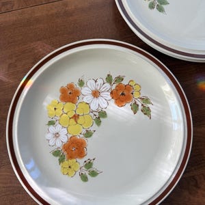 May include: Two ceramic plates with a floral design. The plates have a light beige background with a brown rim. The floral pattern includes orange, yellow, and white flowers with green leaves. The plates are on a dark wooden surface.