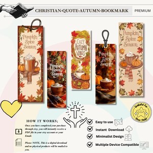 Może przedstawiać: Kolekcja zakładek o tematyce jesiennej z jesiennymi obrazami. Każda zakładka ma przytulny design z dyniami, kawą i jesiennymi liśćmi. Tekst zawiera "Pumpkin Spice Season" i "Cozy Autumn Vibes". Zakładki są do pobrania cyfrowo.