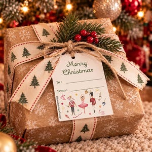 May include: A square gift box wrapped in brown paper with white snowflake patterns, tied with a beige ribbon featuring green pine trees. A white gift tag reads Merry Christmas with To and From lines and illustrations of a mouse, ballerina, and nutcracker.