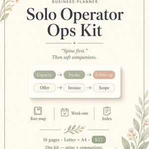May include: A digital business planner titled Solo Operator Ops Kit with floral borders. It features a process flow with labels Capacity, Intake, Follow-up, Offer, Invoice, and Scope, plus icons for Run map, Week-one, and Index. Text includes 16 pages, Letter + A4, and Kit & Page Co.