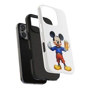 May include: White phone case featuring a cartoon Mickey Mouse holding a beer mug. Mickey is wearing a blue shirt, red pants, and yellow shoes. The phone case is layered over a black phone case and a black phone.