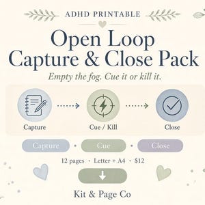 May include: A digital ADHD printable titled Open Loop Capture & Close Pack with the subtitle Empty the fog. Cue it or kill it. It features three circular icons representing Capture, Cue/Kill, and Close, with watercolor leaf and heart accents.
