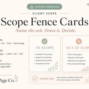 Può includere: Un documento digitale intitolato Client Scope Scope Fence Cards con il sottotitolo Name the ask. Fence it. Decide. Include sezioni per In Scope e Out of Scope, elenchi per chips, specs e note, e una casella Change Ask, il tutto in una tavolozza di colori neutri con illustrazioni botaniche.