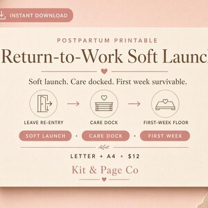 May include: A postpartum printable titled Return-to-Work Soft Launch. The document features a process flow with icons for Leave Re-entry, Care Dock, and First-week Floor, along with descriptive text and the brand name Kit & Page Co in dark brown.