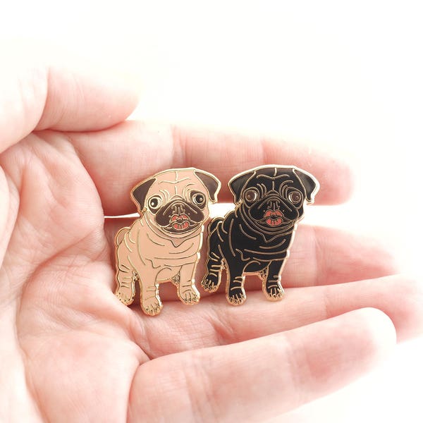 Pugs and kisses enamel pin. Cute pug puppy.