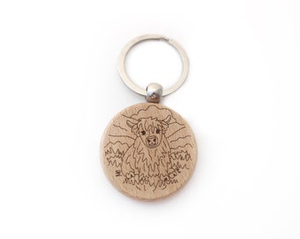 Scottish gift idea - Highland cow personalised wooden keyring. Cute Hairy coo from Scotland.