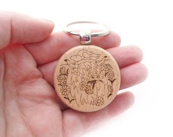 Highland cow gift - personalised wooden keyring. Cute Hairy coo from Scotland.