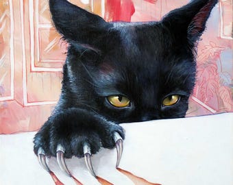 Schilderij op canvas "WANT" popsurrealisme, popart, lowbrow-kunst, juxtapoz, kattenkunst