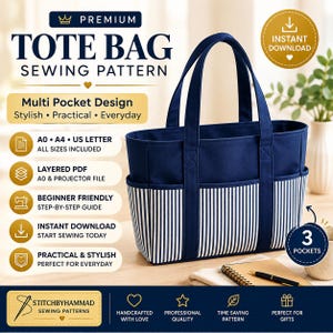 May include: A digital sewing pattern for a tote bag featuring a navy blue top section and a white and navy blue striped bottom section. The bag has two handles and three exterior pockets. Text includes Premium Tote Bag Sewing Pattern.