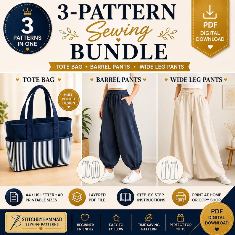 Instant Download Sewing Pattern Sewing Pattern Bundle PDF | Barrel Pants, Wide Leg Pants & Canvas Tote ...