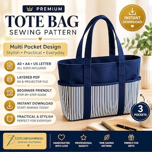 Tote Bag Sewing Pattern PDF | Multi Pocket Canvas Tote | Beginner Friendly | Instant Download