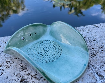 Handmade ceramic Spoon Rest, Herb Stripper, garlic grater all in one. Copper green.