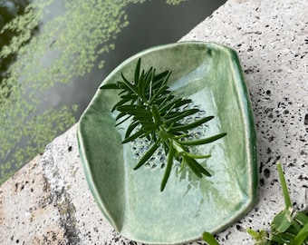 Handmade ceramic Spoon Rest, Herb Stripper, garlic grater all in one. Copper Green.