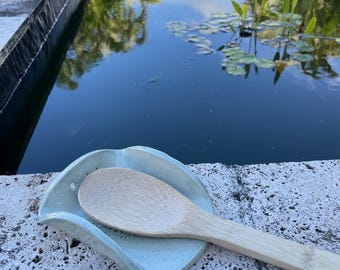 Handmade ceramic Spoon Rest, Herb Stripper, garlic grater all in one. Celadon