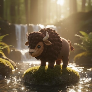 May include: A crocheted bison toy with a brown body, dark brown mane, and cream-colored horns. The bison stands on a small, mossy island in a stream, with a waterfall and forest in the background. The toy has a friendly expression.
