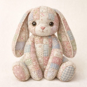 Puede incluir: Un conejo de peluche hecho a mano con un diseño de patchwork. El conejo está hecho de varias telas de colores pastel, incluyendo patrones florales y de cuadros. Tiene ojos marrones grandes y expresivos, una nariz rosa y orejas largas y caídas. El conejo está sentado.