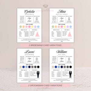 K&ouml;nnte beinhalten: Vier Hochzeitseinladungskarten mit den Namen Ophelia, Alina, Lucas und William. Jede Karte enth&auml;lt das Hochzeitsdatum, die Namen, den Ort, die Farbpalette und die Details des Kleides. Die Karten sind im Hochformat.