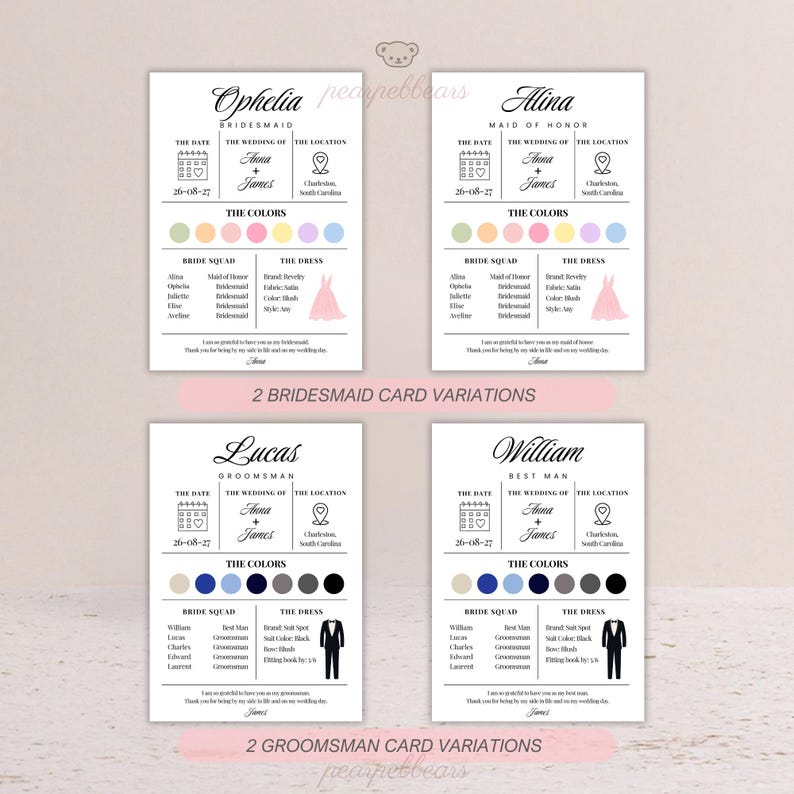 K&ouml;nnte beinhalten: Vier Hochzeitseinladungskarten mit den Namen Ophelia, Alina, Lucas und William. Jede Karte enth&auml;lt das Hochzeitsdatum, die Namen, den Ort, die Farbpalette und die Details des Kleides. Die Karten sind im Hochformat.