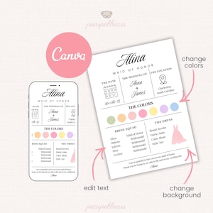 K&ouml;nnte beinhalten: Eine Hochzeitsplanungs-Vorlage mit dem Text "Alina, Maid of Honor" auf einem Telefon und einem Dokument. Das Dokument enth&auml;lt Abschnitte f&uuml;r Datum, Hochzeitsdetails, Farbpalette und Informationen zu den Brautjungfern. Das Canva-Logo ist sichtbar.