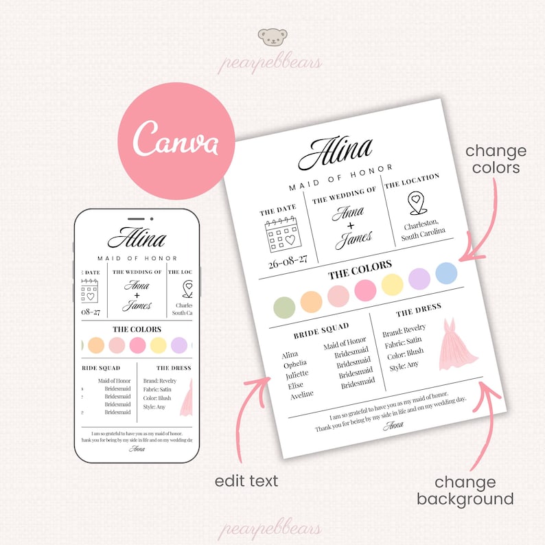 K&ouml;nnte beinhalten: Eine Hochzeitsplanungs-Vorlage mit dem Text "Alina, Maid of Honor" auf einem Telefon und einem Dokument. Das Dokument enth&auml;lt Abschnitte f&uuml;r Datum, Hochzeitsdetails, Farbpalette und Informationen zu den Brautjungfern. Das Canva-Logo ist sichtbar.