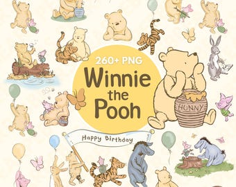 Winnie the Pooh PNG Clipart Bundle, Classic Friends Vintage Watercolor (Digital Download)