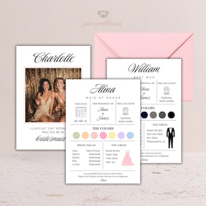 Kaartsjabloon bruidsmeisje voorstel | Bewerkbare infokaart bruidsmeisje en stalknecht | Canvassjabloon bruidsfeestkleuren