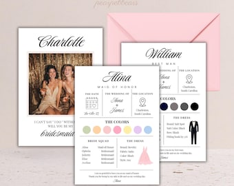 Bridesmaid Proposal Card Template | Editable Bridesmaid & Groomsman Info Card | Bridal Party Colors Canva Template