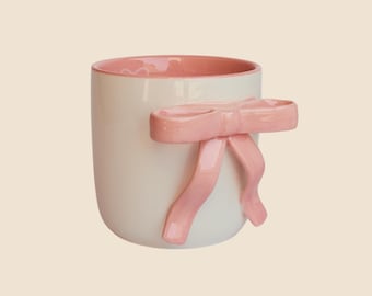 Pink Bow Ribbon Ceramic Cup - Handmade for Coffee, Tea, Matcha