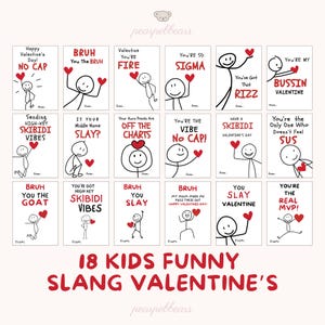 以下が含まれることがあります： 子供向けのバレンタインデーカード18枚セット。棒人間イラストと「No Cap」や「Skibidi Vibes」などのスラングフレーズが特徴。カードは白地で、赤い文字とハートのデザイン。