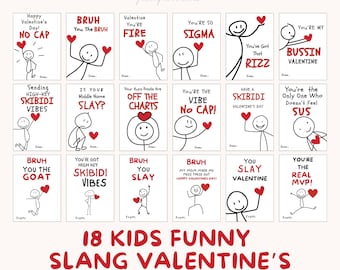 Utskrivbara Slang Kids Alla hjärtans dag-kort, Roliga klassrums-alla hjärtans dag-kort för barn, tonåringar och tweens, Coola pojkar Alla hjärtans dag-kort