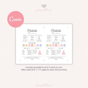 K&ouml;nnte beinhalten: Eine druckbare Hochzeitseinladung mit dem Namen "Ophelia" und dem Wort "Bridesmaid". Das Design enth&auml;lt Abschnitte f&uuml;r Datum, Hochzeitsdetails, Farbpalette und Informationen zu den Brautjungfern. Die Vorlage ist f&uuml;r den Druck von zwei Karten auf einer A4-Seite konzipiert.
