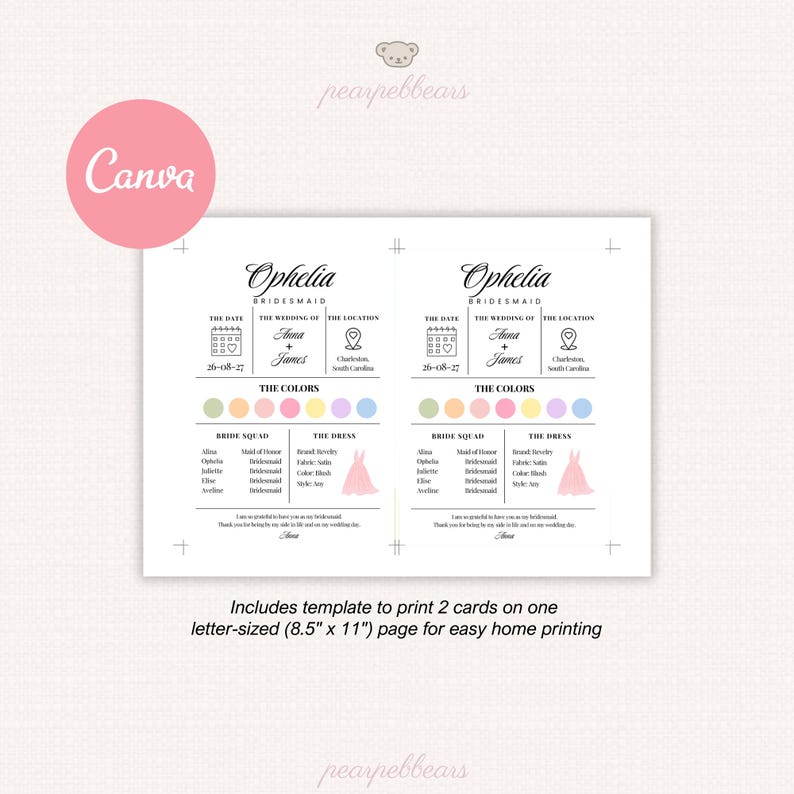 K&ouml;nnte beinhalten: Eine druckbare Hochzeitseinladung mit dem Namen "Ophelia" und dem Wort "Bridesmaid". Das Design enth&auml;lt Abschnitte f&uuml;r Datum, Hochzeitsdetails, Farbpalette und Informationen zu den Brautjungfern. Die Vorlage ist f&uuml;r den Druck von zwei Karten auf einer A4-Seite konzipiert.